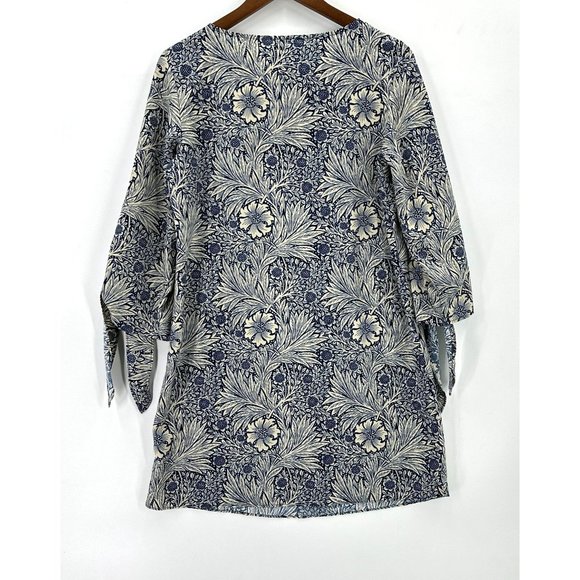 Morris & Co X H&M Dress Womens 3/4 Sleeve Tunic Floral Round Neck Blue Cream 4 - Picture 2 of 11